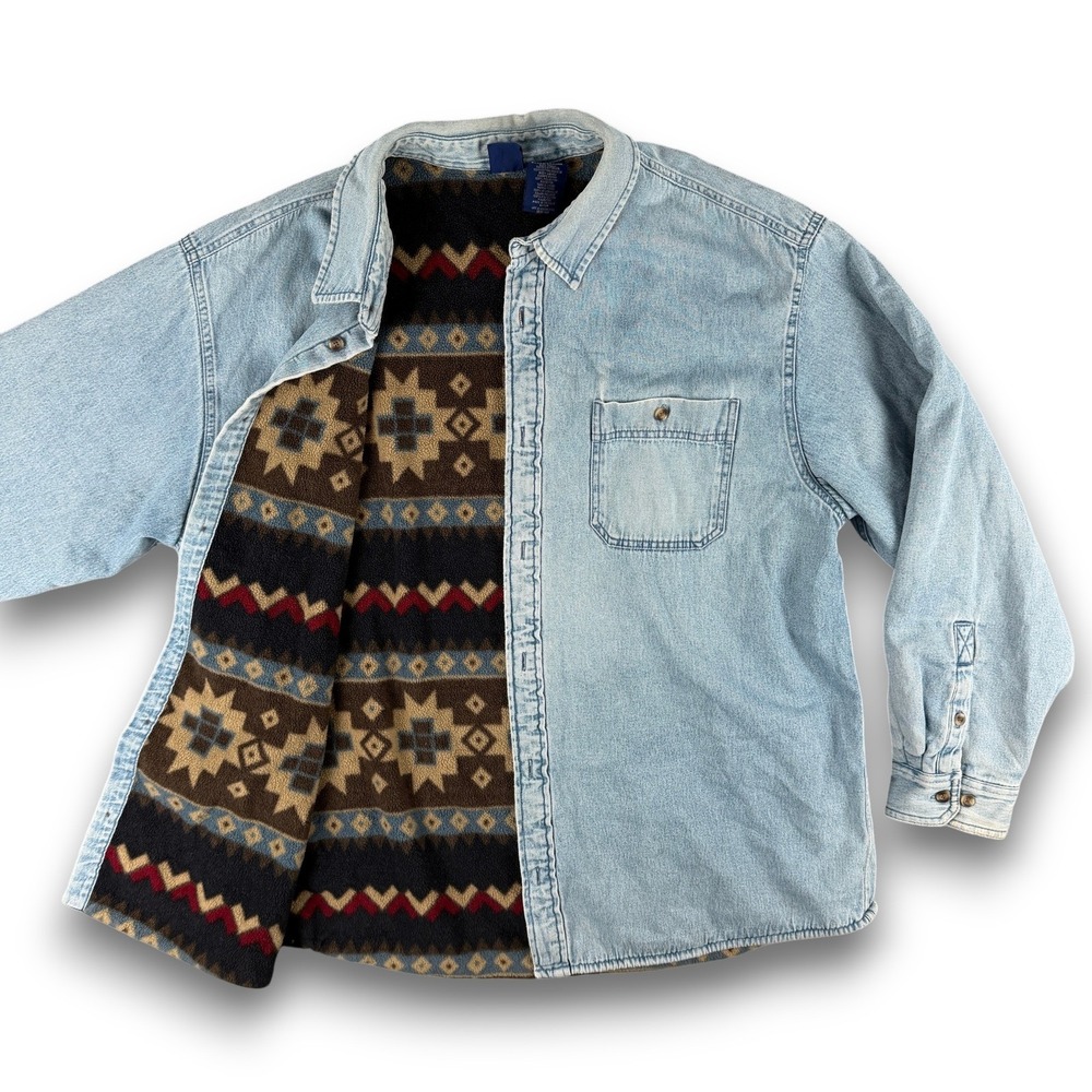 Basic Editions Denim Jacket Men XL Blue Western Blanket Lined Quilt Shaket Chore